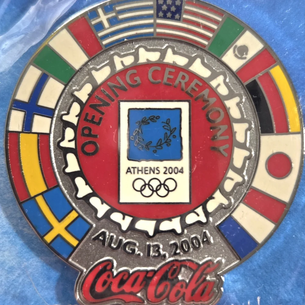 ATHENS OLYMPICS 2 PINS COCA COLA OPENING CLOSING CEREMONIES FLAG OF NATIONS NEW - Picture 3 of 5